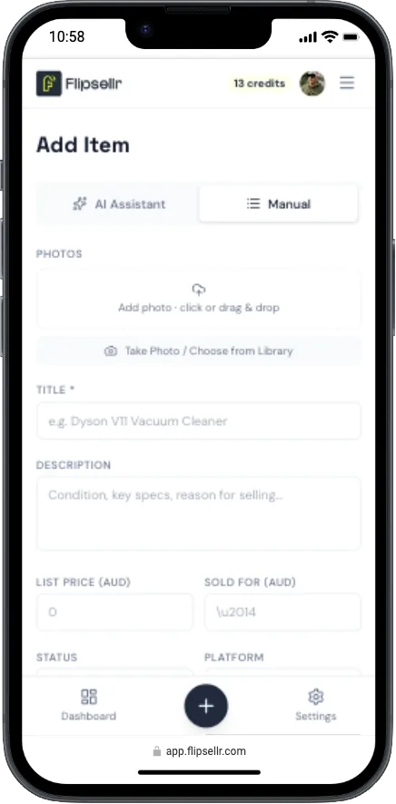 Flipsellr AI Assistant tab showing camera, condition picker, and details form