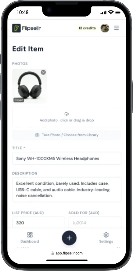 Flipsellr AI results showing generated title, description, price and copy buttons